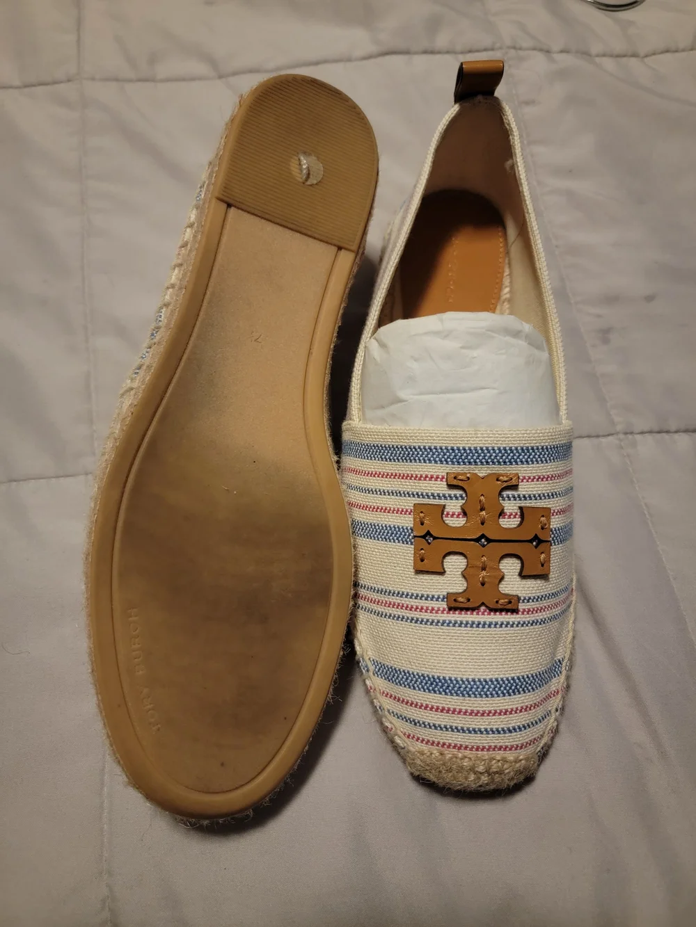 Tory Burch Cream Striped Canvas Espadrilles with Tan Logo